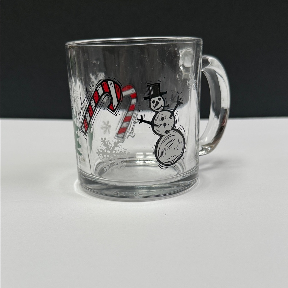 Starbucks Clear Glass Mug with Candy Cane and Snowman Design